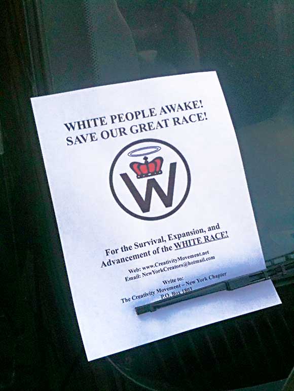 White time, wrong place as bigot leaves racist fliers on Greenpoint cars