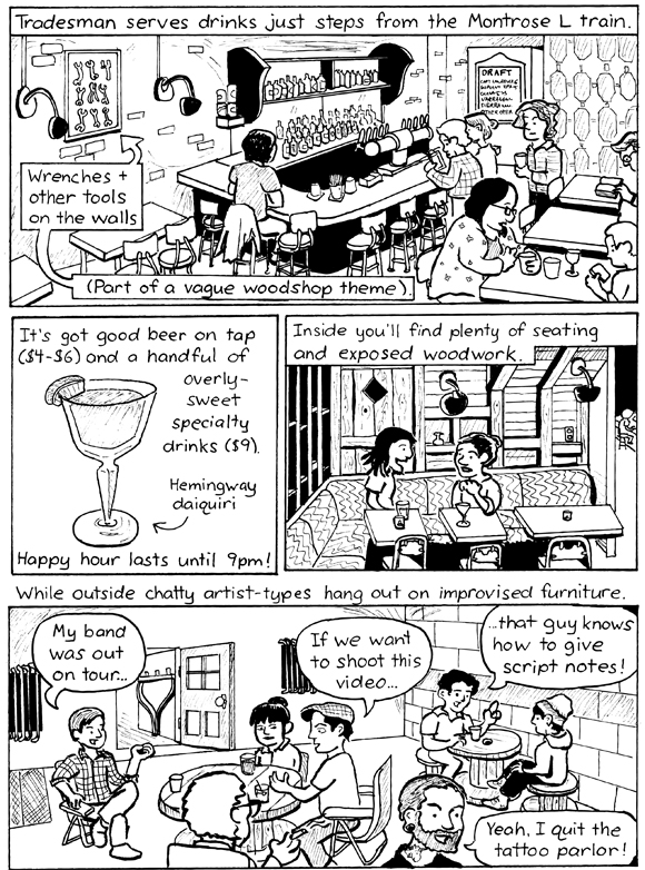 Our drinking illustrator finds an artsy bar with a carpentry theme