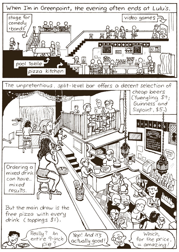 Our roving Bartoonist finds bar with cheap beer — and free pizza!