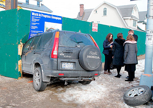 Off-road! Sports utility vehicle plows into construction site after losing wheel