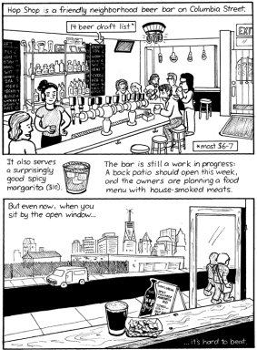 Bartoonist wets his whistle by the waterfront