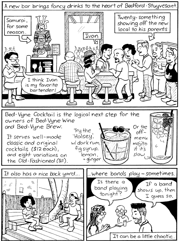 Bartoonist imbibes beside a samurai