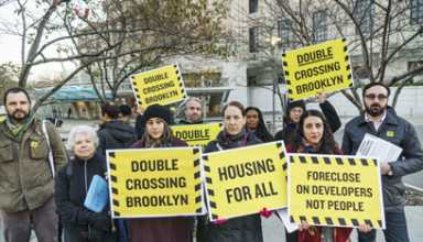 War paint: Artists protest real-estate conference at Brooklyn Museum