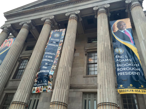 Beep plasters face on Boro Hall with taxpayer-funded banners