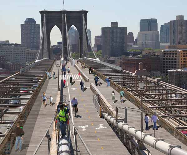 People walking across the Brooklyn Bridge with Manhattan in background