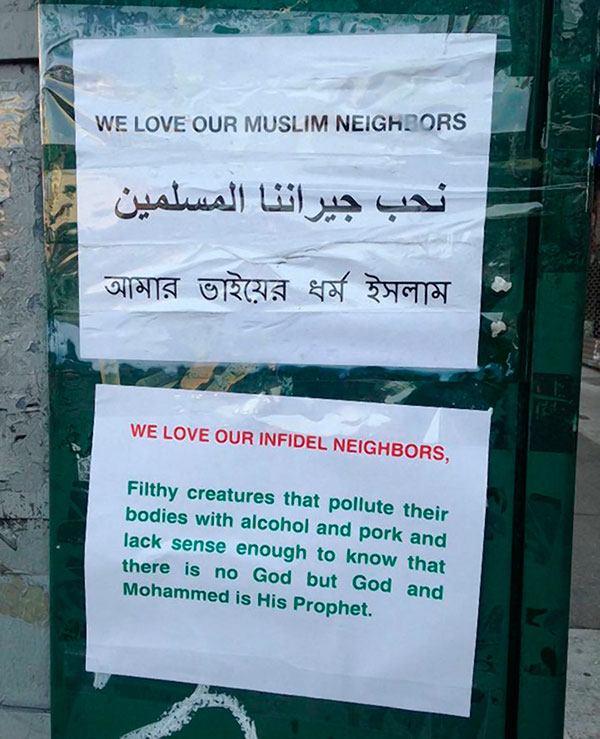 Kensington signs call non-Muslims ‘filthy creatures that pollute their bodies with alcohol and pork’