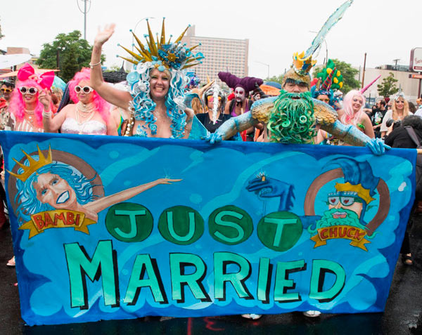 Shock-rocker and burlesque queen tie the knot at Mermaid Parade