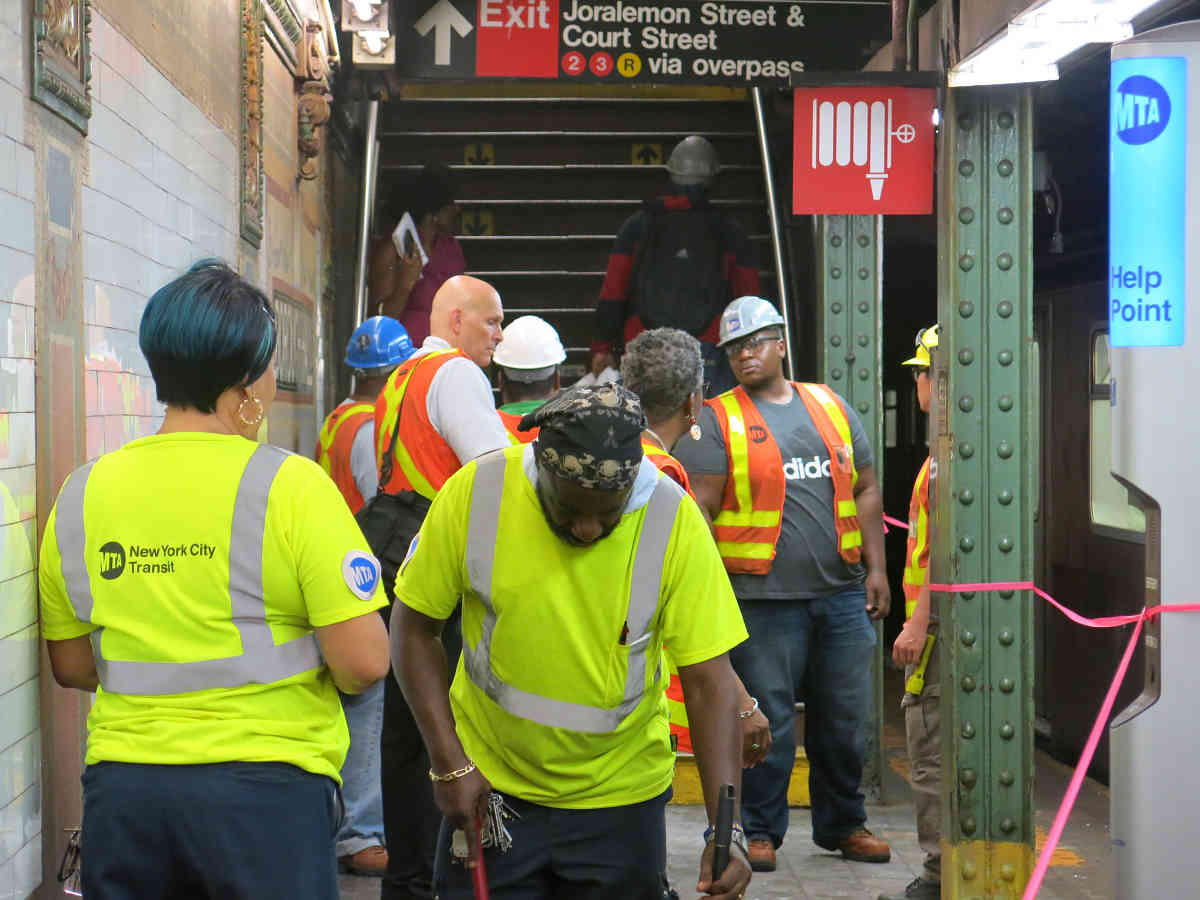 Not again! Workers rush to secure Borough Hall station after plaster plunges onto platform