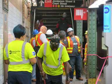 Not again! Workers rush to secure Borough Hall station after plaster plunges onto platform