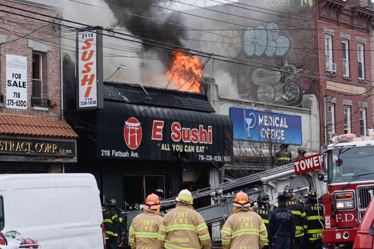 Firefighters battle five-alarm fire at Marine Park sushi restaurant
