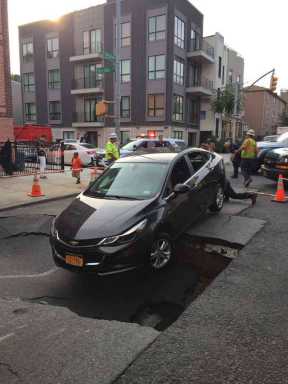 Sinkhole nearly swallows car in Bushwick