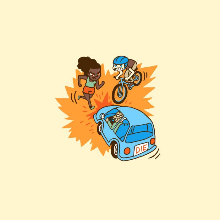 This is a cartoon version of a runner, biker and car going head-to-head.