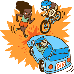 This is a cartoon version of a runner, biker and car going head-to-head.