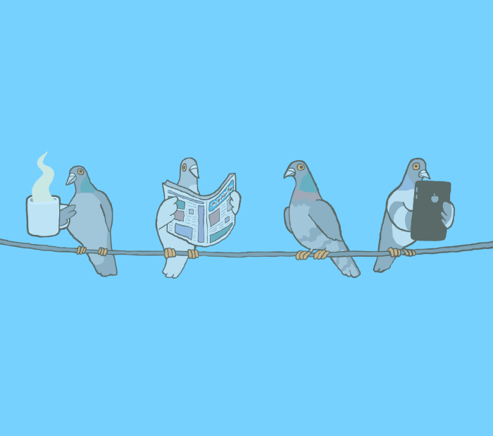 This is a cartoon version of pigeons on a wire.