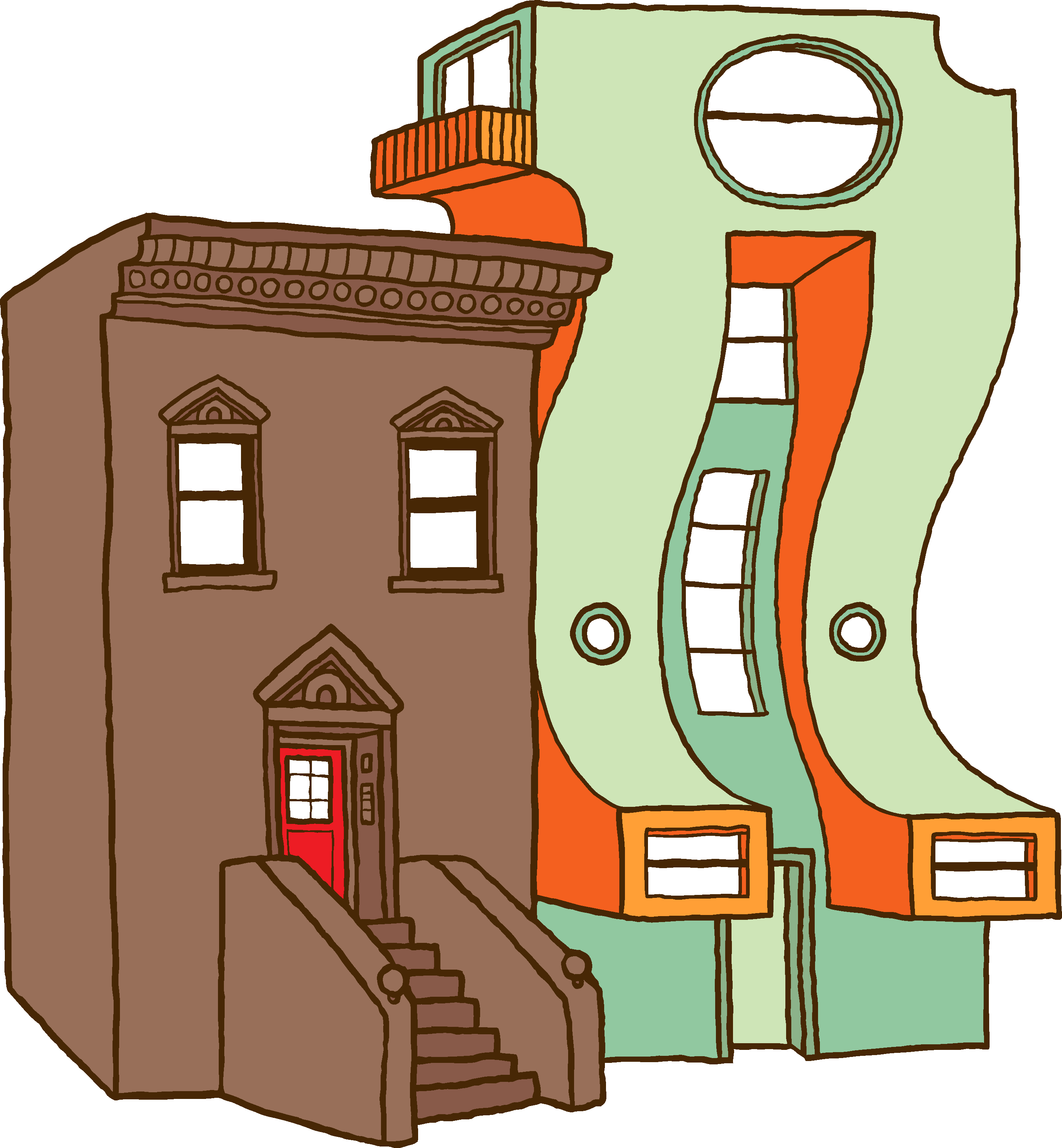 This is a cartoon of an old brownstone, next to a new modern building.