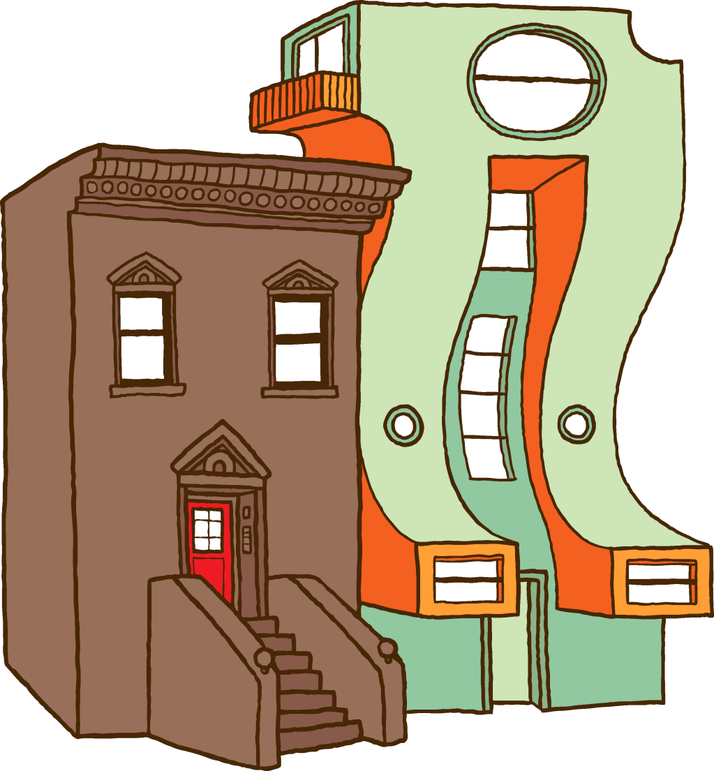 This is a cartoon of an old brownstone, next to a new modern building.