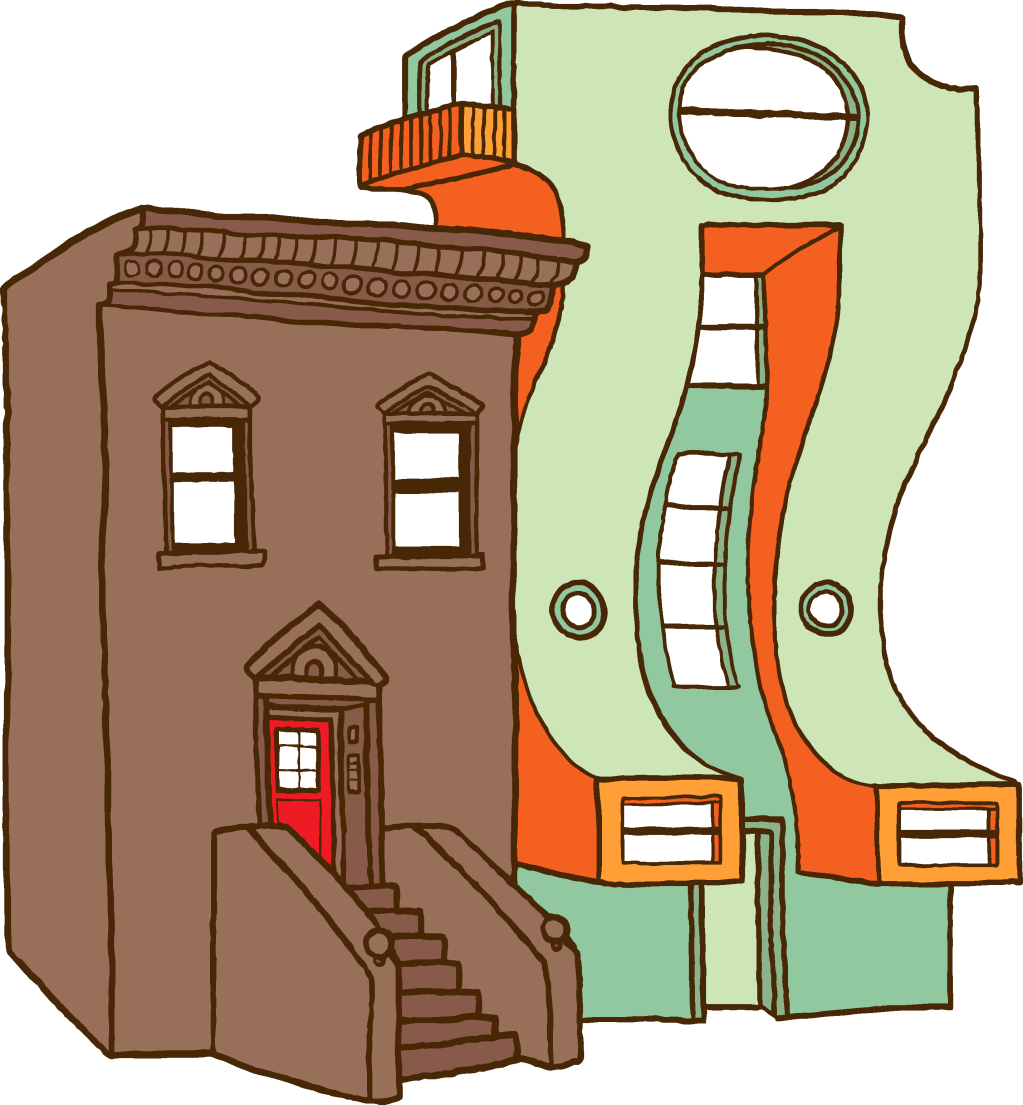 This is a cartoon of an old brownstone, next to a new modern building.