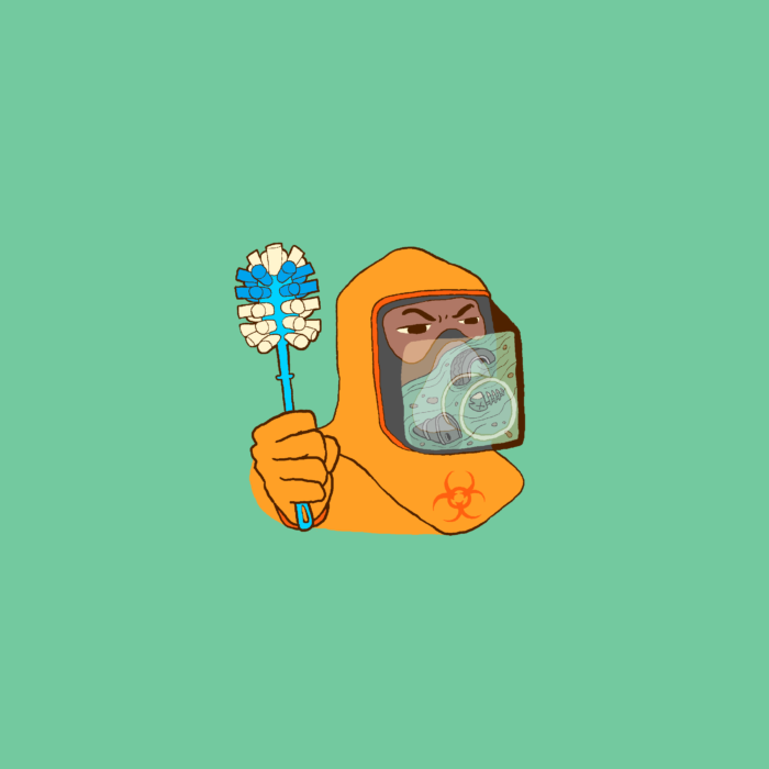 This is a cartoon of a man in a hazmat suit.