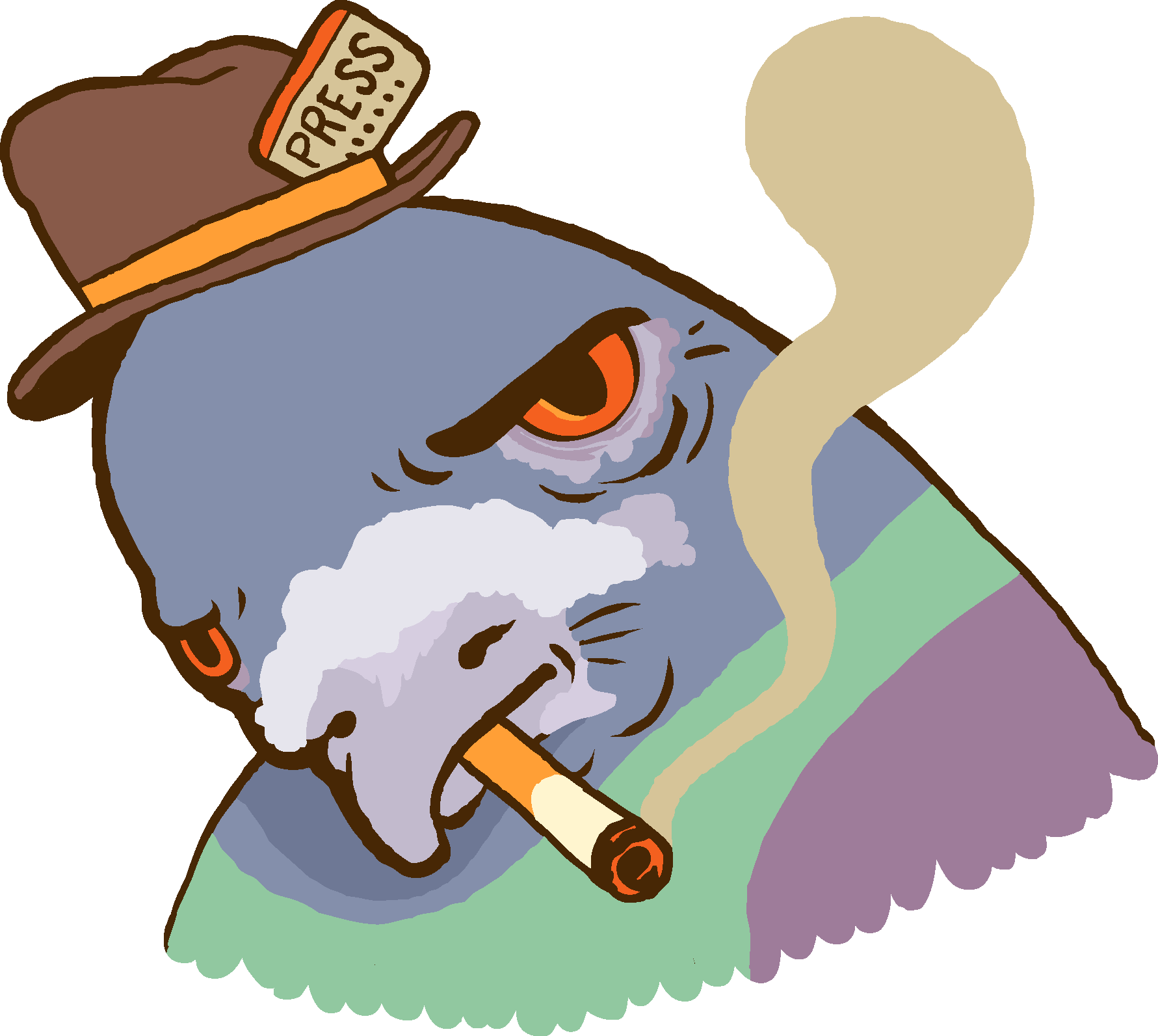This is a cartoon version of a pigeon smoking, with a press hat on.