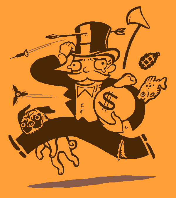 This is a cartoon of a man in a top hat, carrying a bag of money.