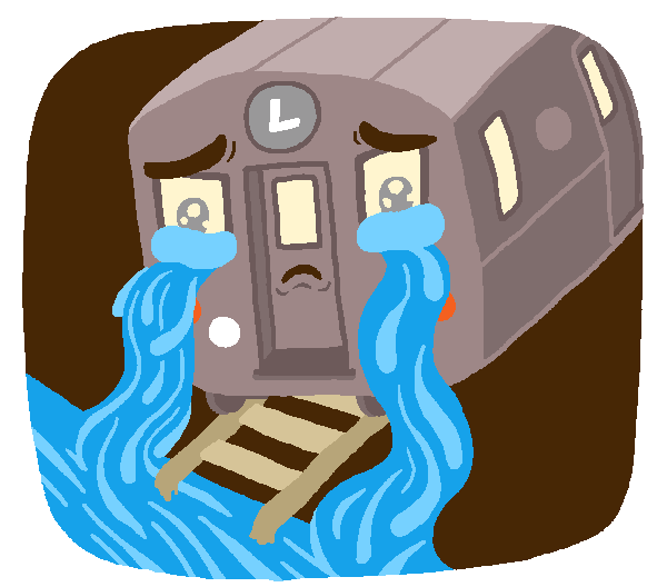 This is a cartoon of a subway car that is crying.