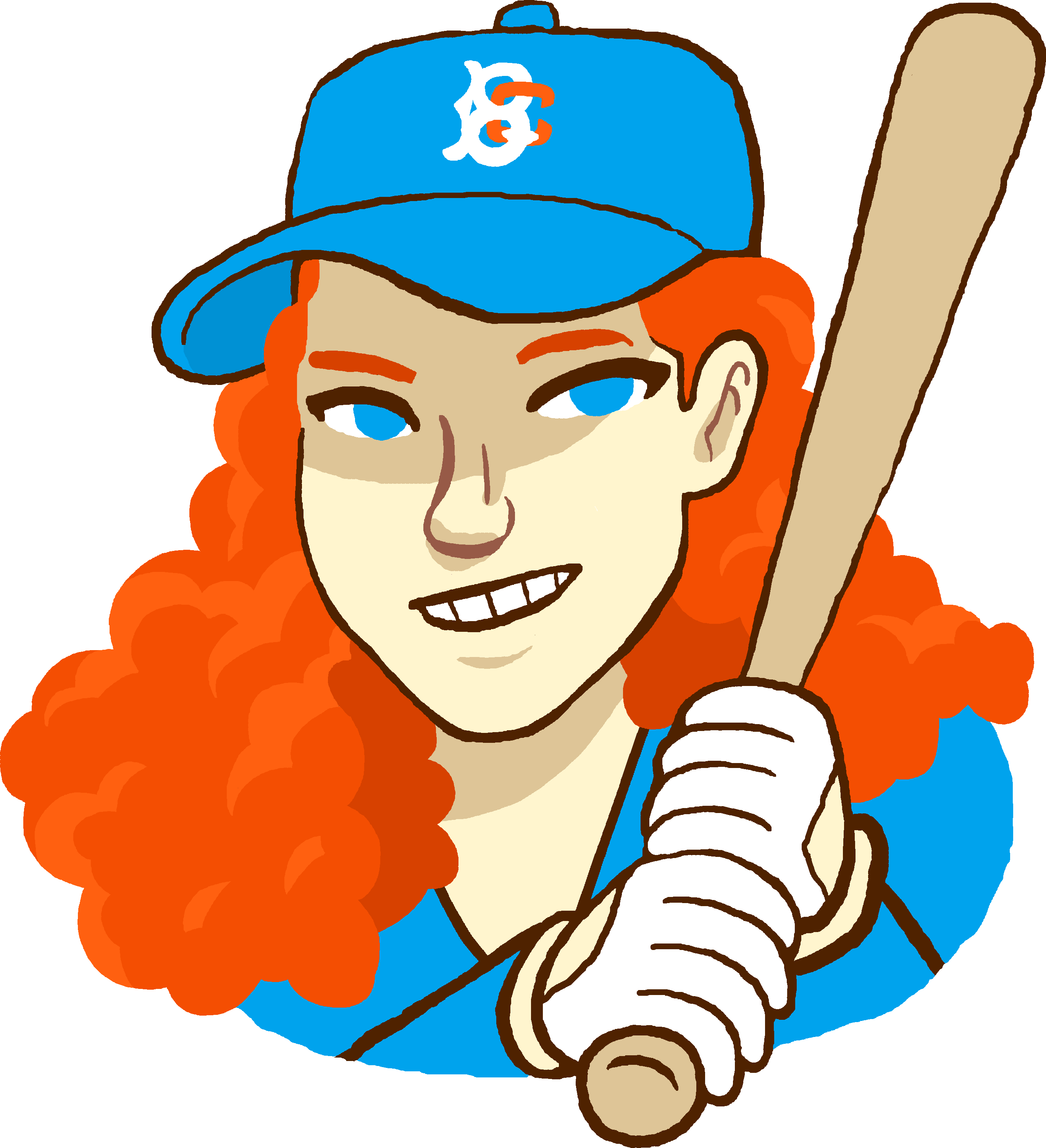 This is a cartoon version of woman wearing a baseball hat and holding a bat.