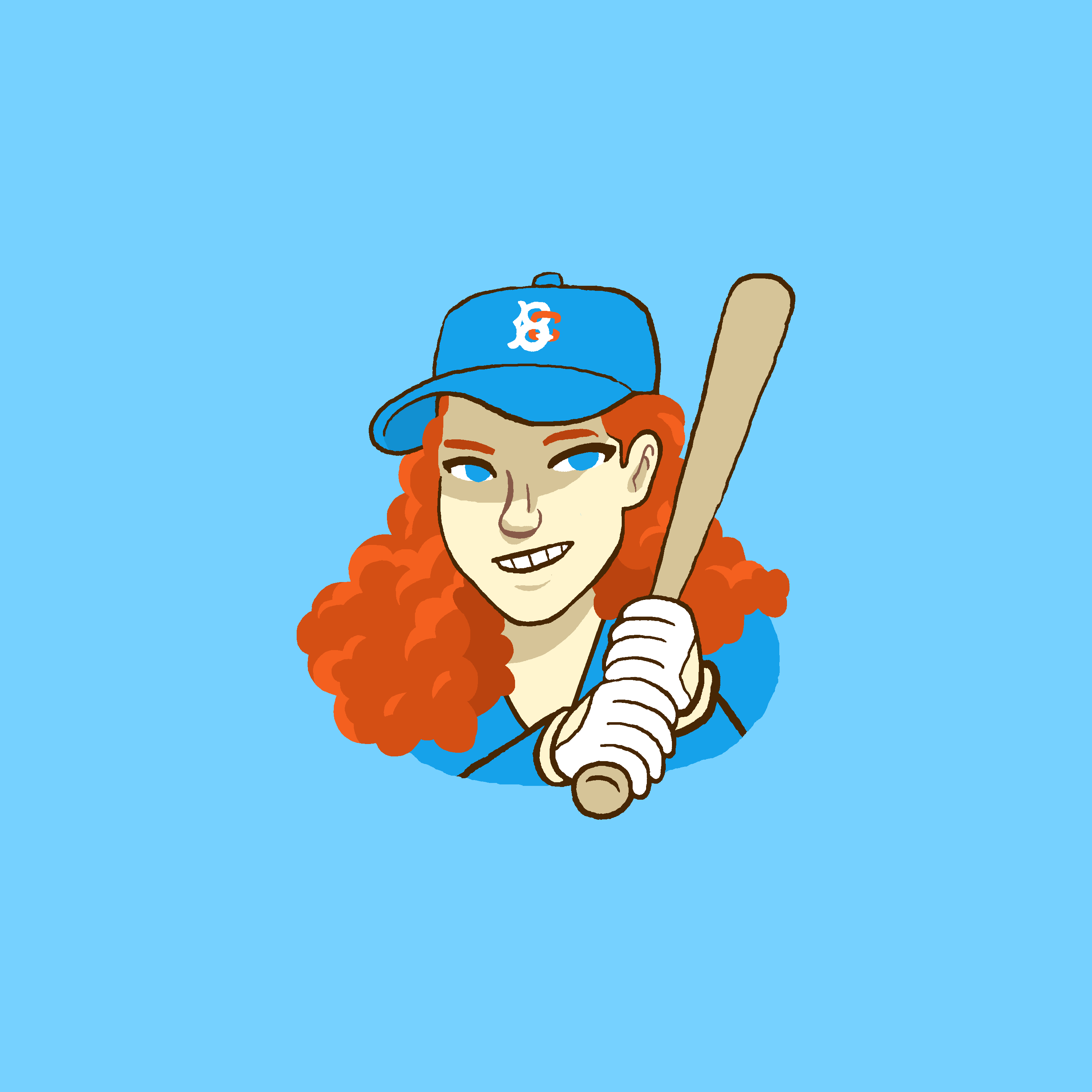 This is a cartoon version of a woman holding a baseball bat with a ball cap on.