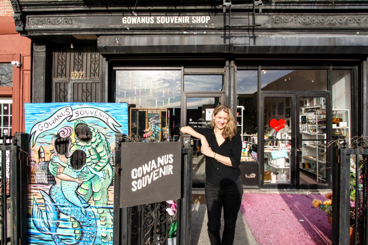 Ute Zimmerman stands outside her Gowanus Souvenir Shop in Brooklyn