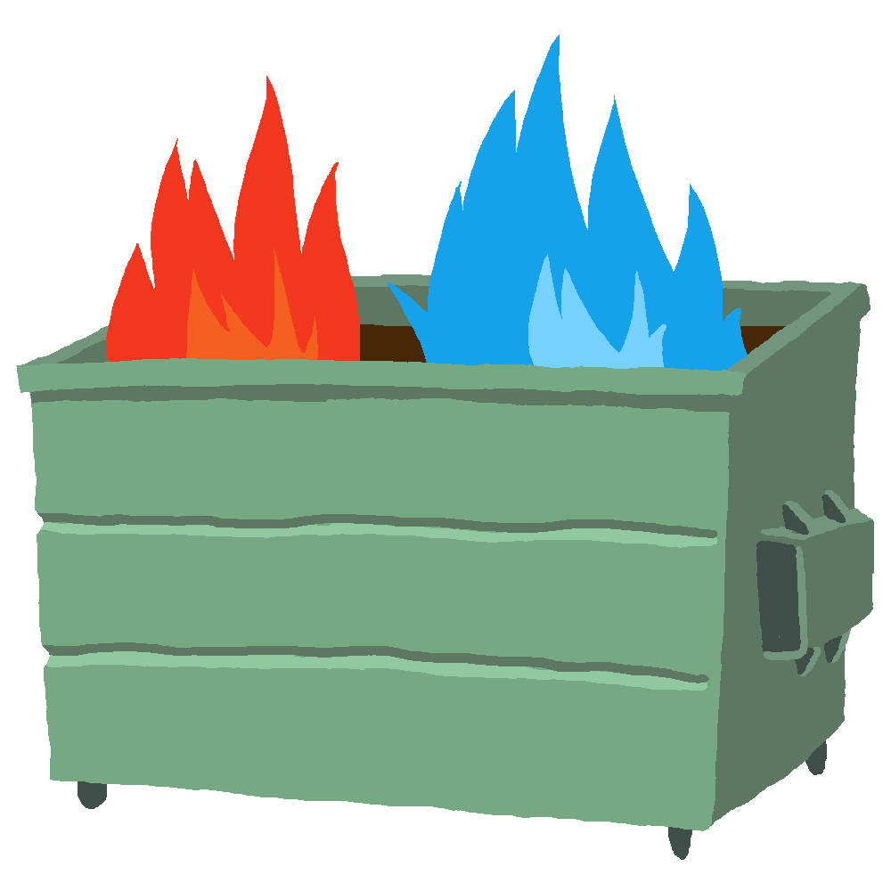 This is a cartoon of a dumpster, with a blue and red fire pouring out.