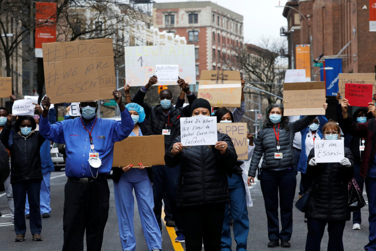 Healthcare workers demonstrate as part of national day of action calling for more PPE during outbreak of coronavirus disease (COVID-19) in New York