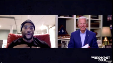U.S. Democratic presidential candidate Joe Biden participates in a radio interview with host “Charlamagne tha God” remotely from Biden’s home in Wilmington, Delaware