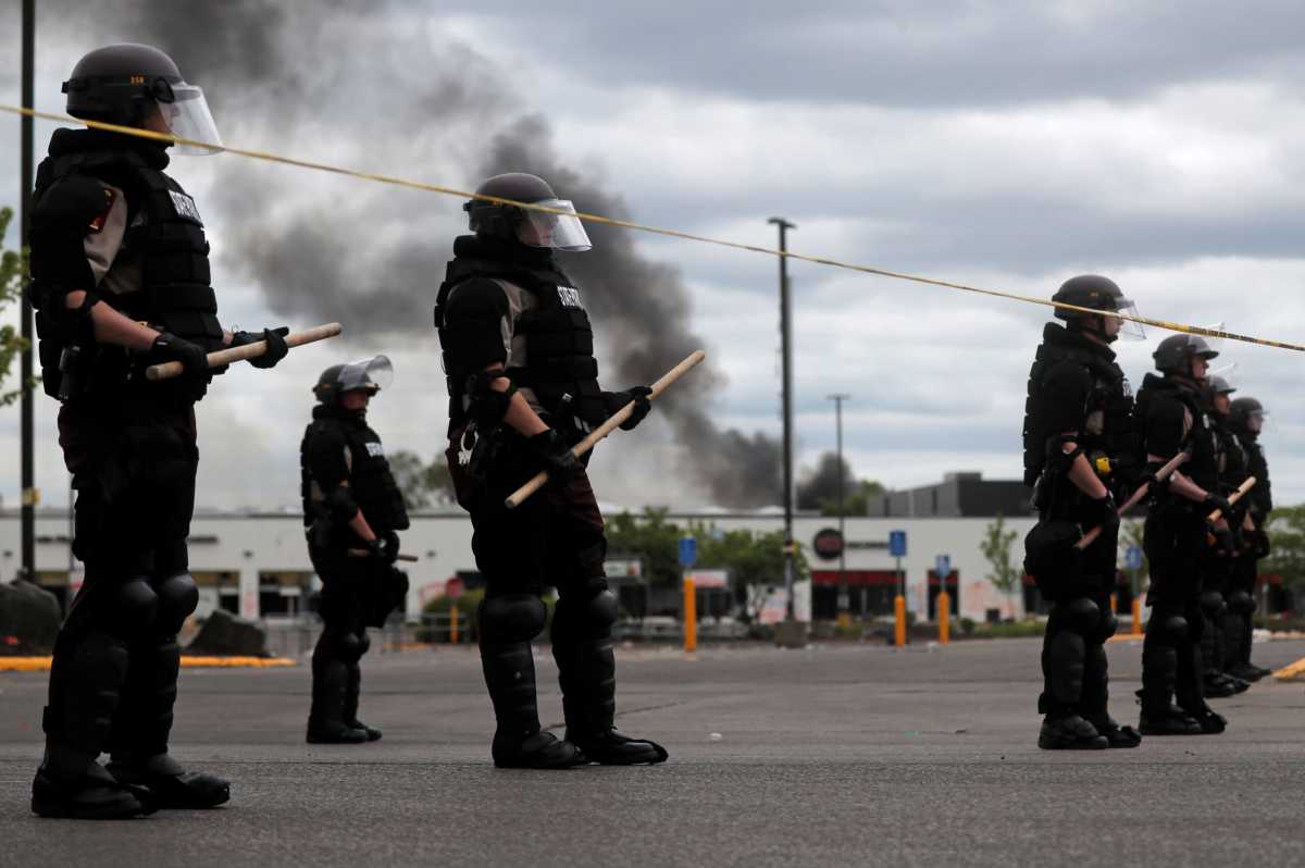 State patrol members guard at the area in the aftermath of a protest against the death in Minneapolis police custody of African-American man George Floyd, in Minneapolis