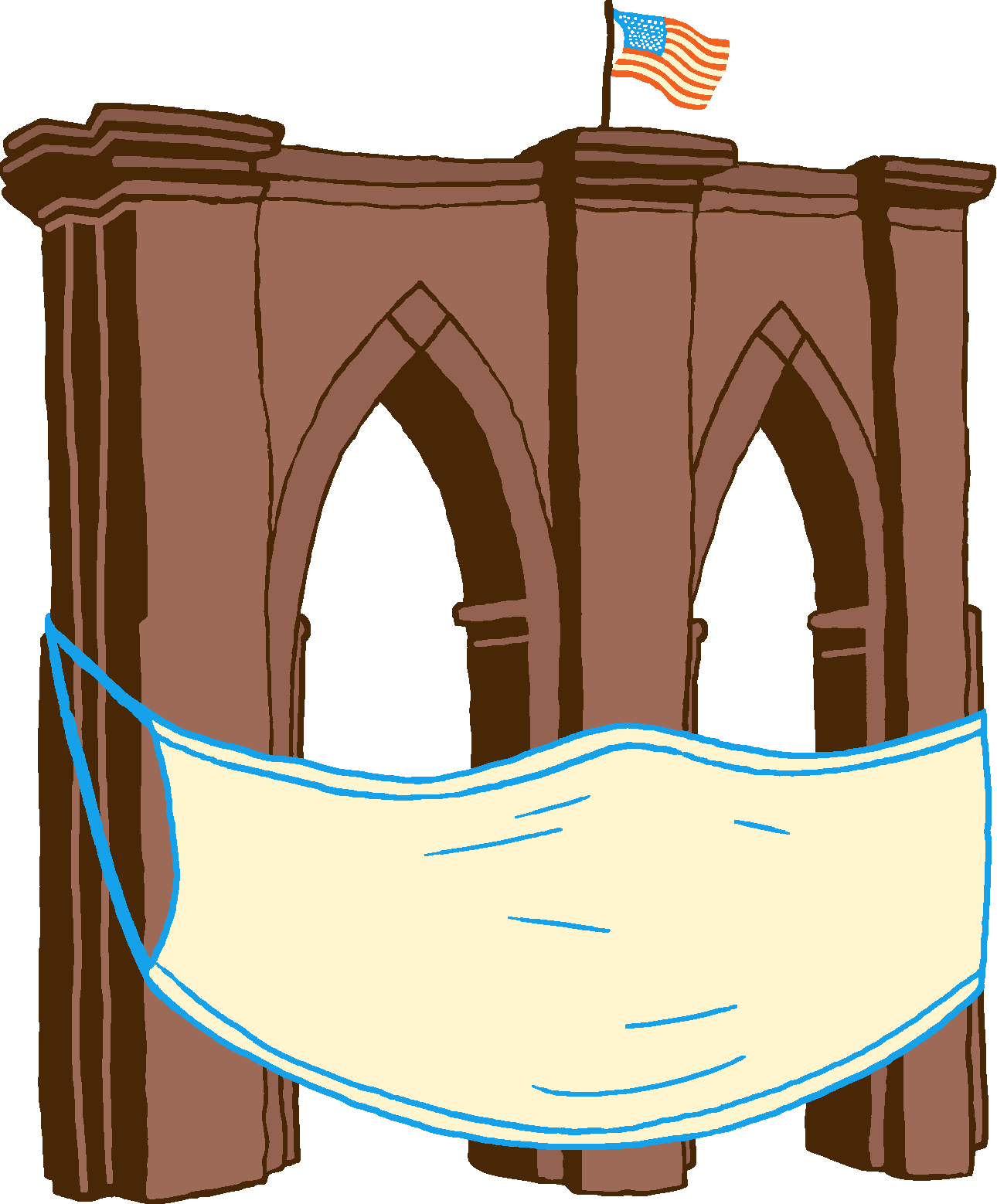 This is a cartoon of the Brooklyn Bridge, wearing a medical mask.