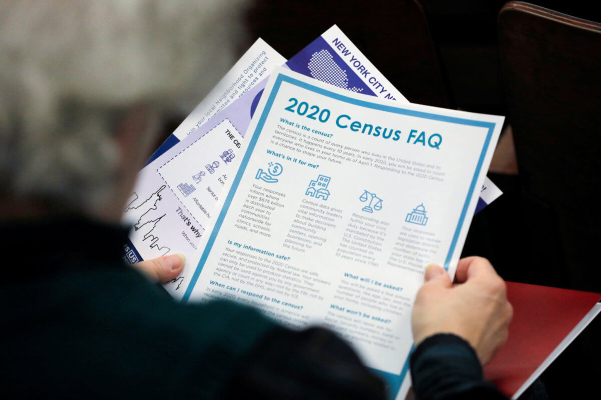 FILE PHOTO: A person holds census information at an event where U.S. Rep. Alexandria Ocasio-Cortez (D-NY) spoke at a Census Town Hall at the Louis Armstrong Middle School in Queens, New York City
