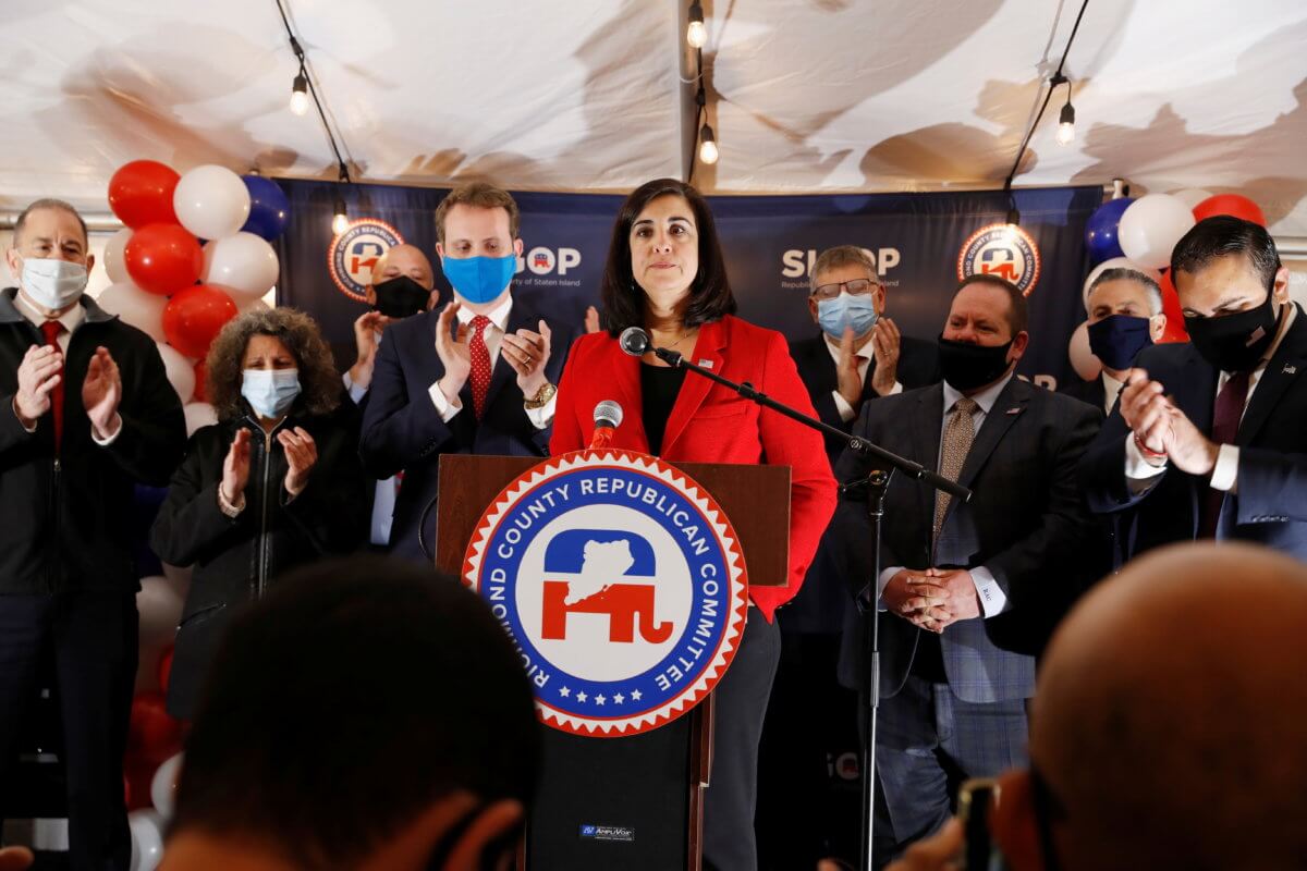 Republican congressional candidate for New York’s 11th district, Nicole Malliotakis addresses attendees at the Staten Island Republican Party Headquarters election night watch party on Staten Island in New York City