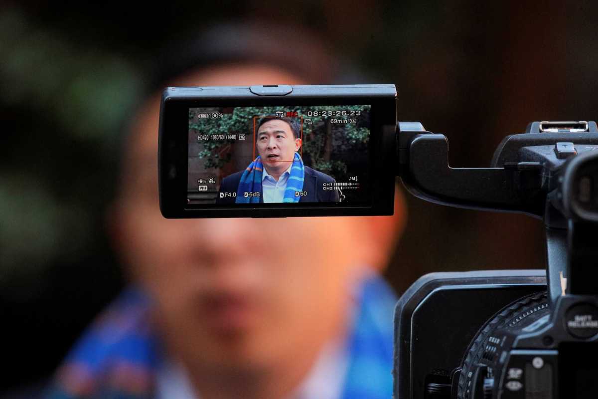 Andrew Yang, democratic candidate for mayor of New York City, speaks to the press about attacks on Asian Americans following a campaign appearance in Brooklyn, New York