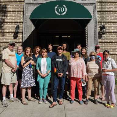 Tenants gather outside 70 Prospect Park West on Thursday, May 27, 2021.