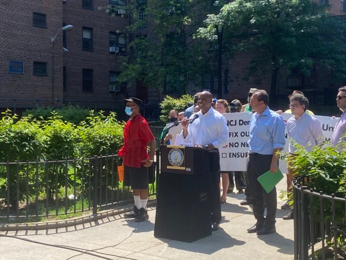 Eric Adams at a press conference for the Gowanus Rezoning