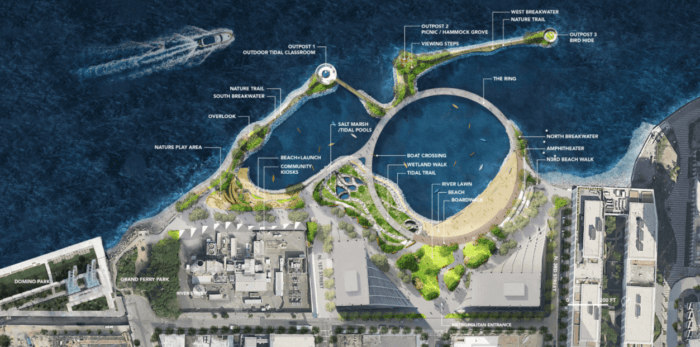 Birds-eye view of Two Trees' proposed waterfront park in Williamsburg