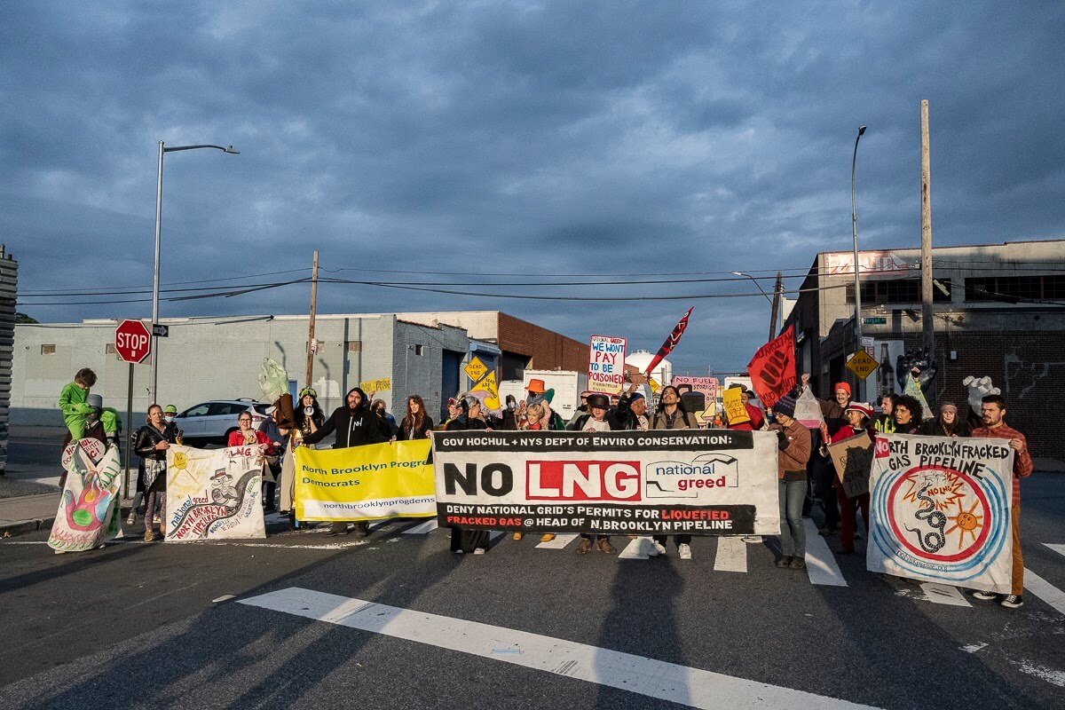 people rally outside the greenpoint energy center
