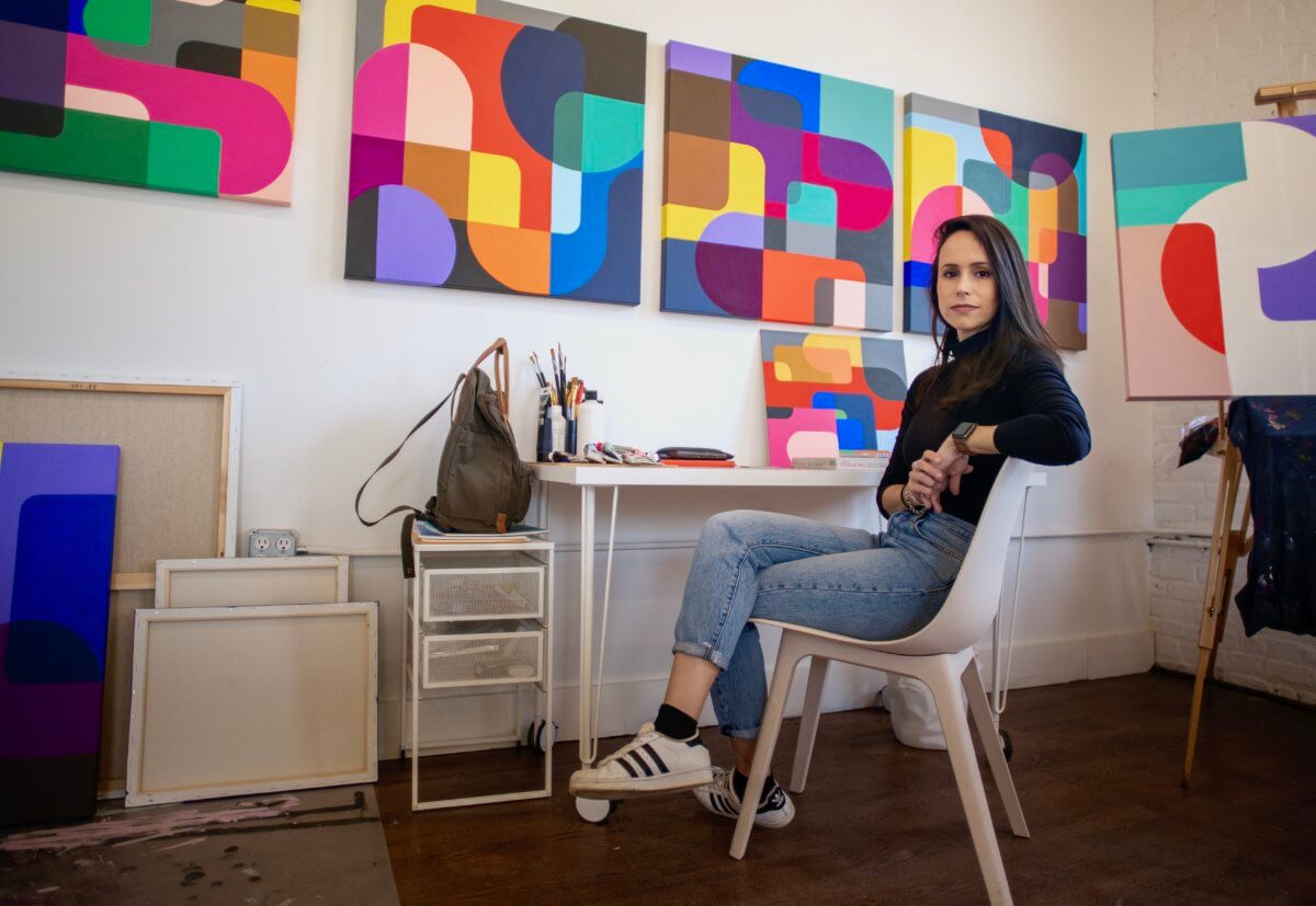 Liza Domingues, who is showing at gowanus open studios, in her studio