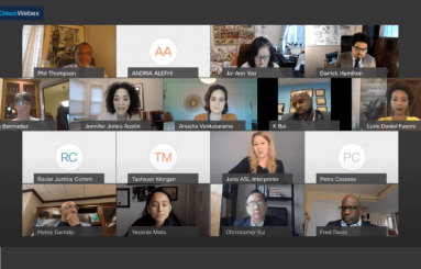 Members of the Racial Justice Commission meet online.