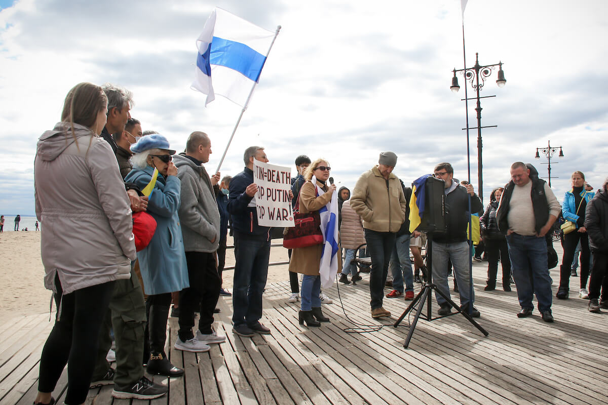 Russians for Ukraine rally/protest at the Riegelmann Boardwalk at the Brighton 6th entrance, on Brighton Beach. Taken on March 20, 2022, in Brooklyn, New York . (Photo by Erica Price)