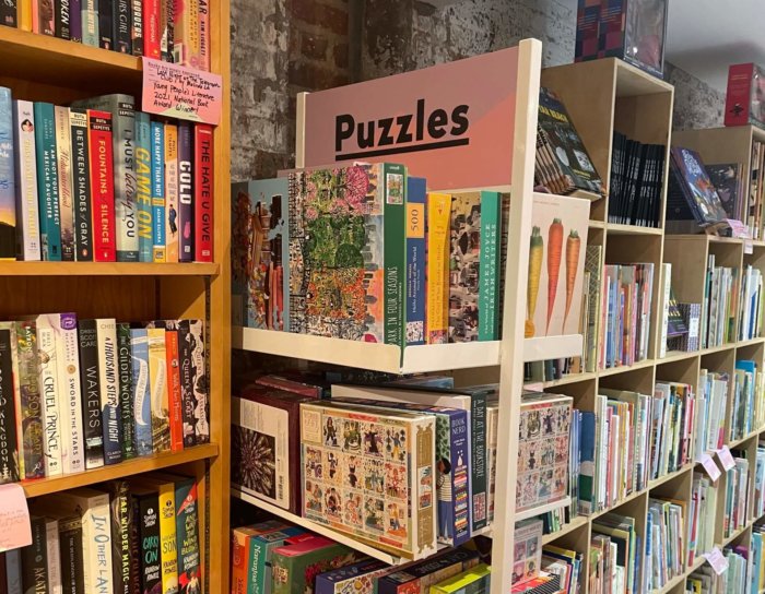 puzzle rack at bookstore