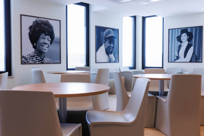 lounge with chairs and framed photos at interfaith medical center behavioral health unit