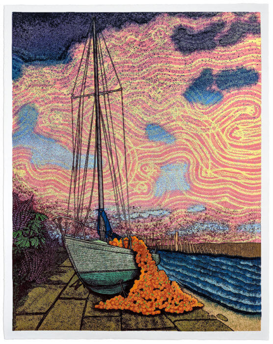 wood carving of a boat in pink, blue and orange