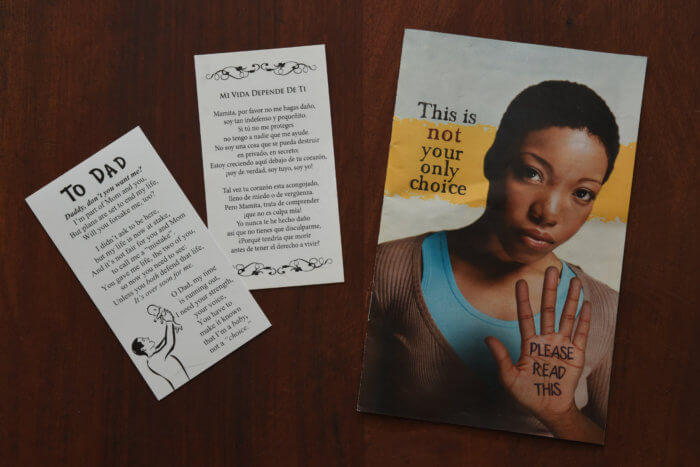 pamphlets at a crisis pregnancy center advocate against abortions