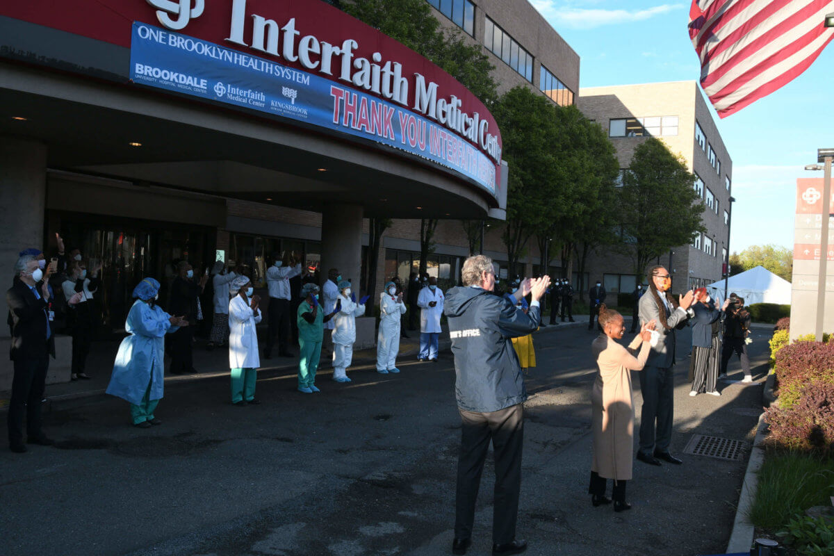 mayor bill de blasio outside interfaith medical center part of one brooklyn health network