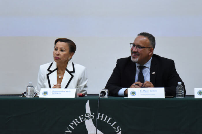 nydia velazquez and miguel cardona at cypress hills community school