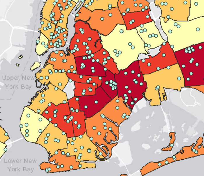 cooling center heat wave map, with east flatbush in dark red